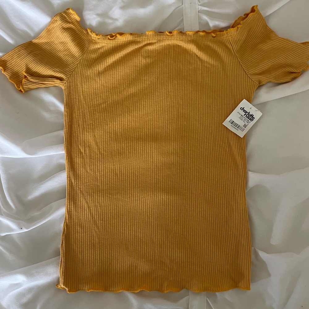 off the shoulder gold shirt